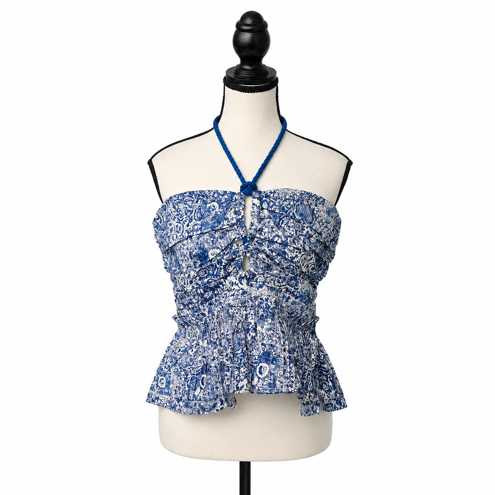 Hyacinth House Halter Top Womens Size Large Blue White Floral Print Smocked